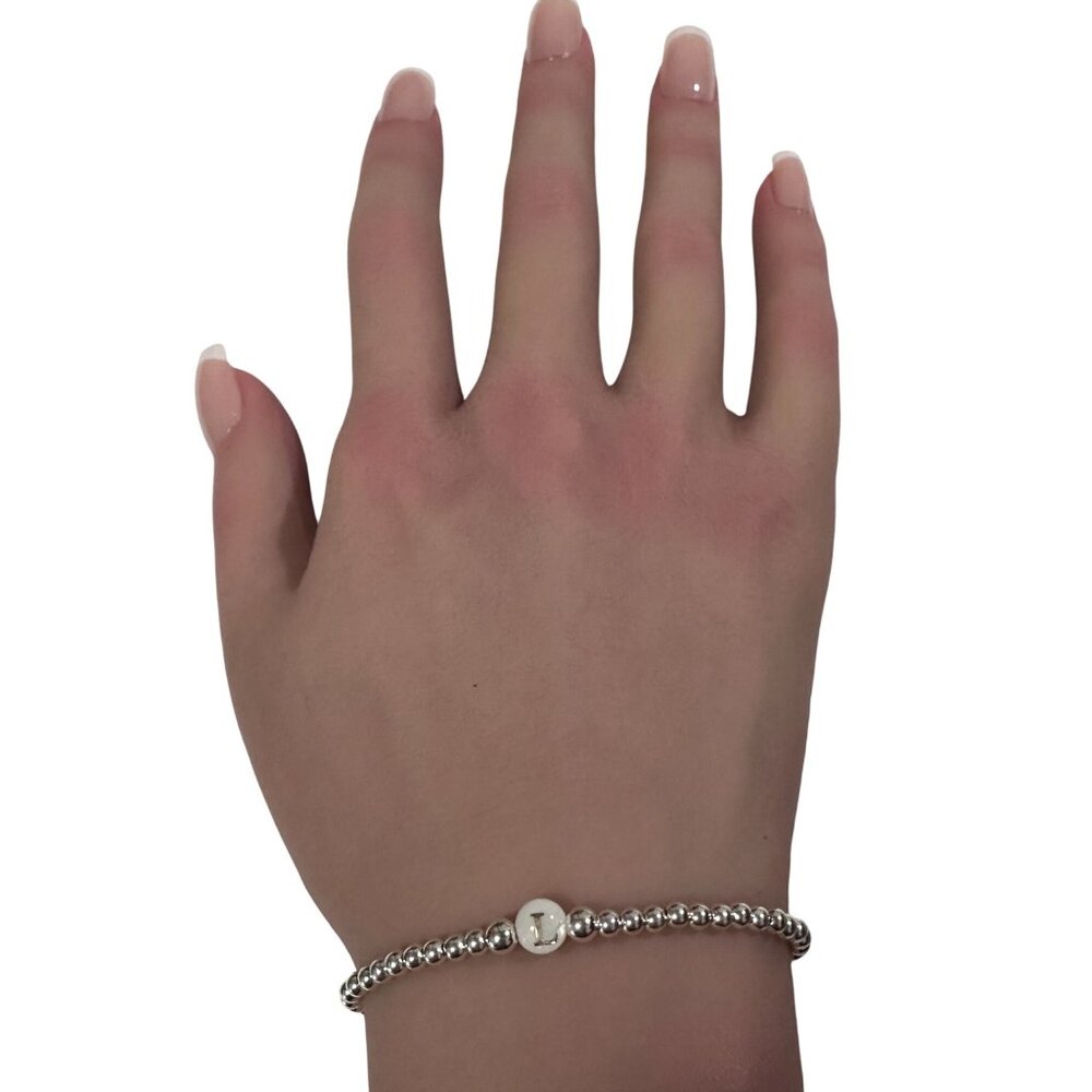 925 Sterling Silver Beaded Stretch Stacking Bracelet MOP Letter Initial L - Picture 6 of 6
